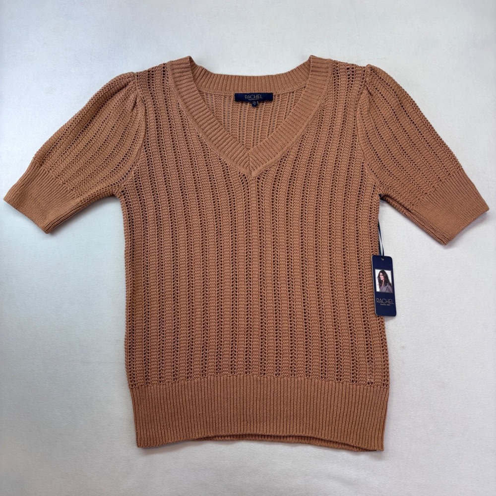 RACHEL Rachel Roy Women's Top Medium New Brown Knit‎ V-Neck Puff Sleeve Sweater - Picture 9 of 11